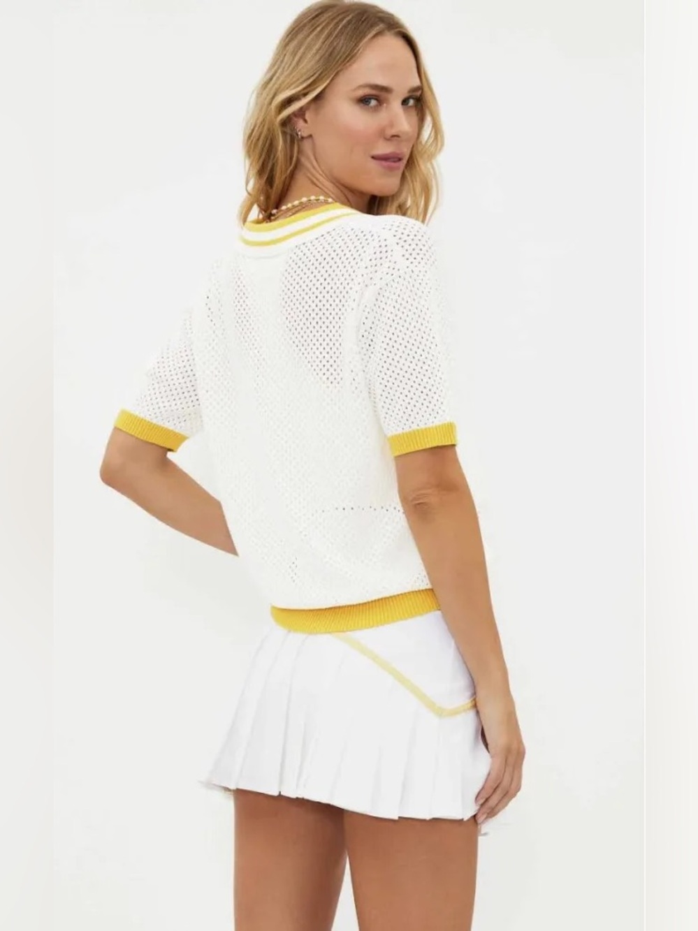 NWT Beach Riot Open Knit Polo Shirt White Yellow Trim Size L - Picture 2 of 5